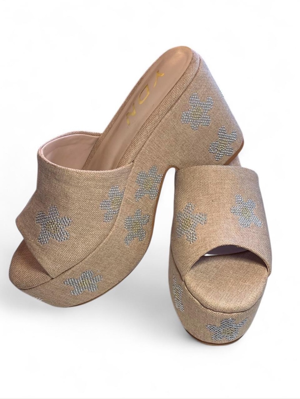 YDN Beige Platform Slide Mules with Silver Studded Flowers